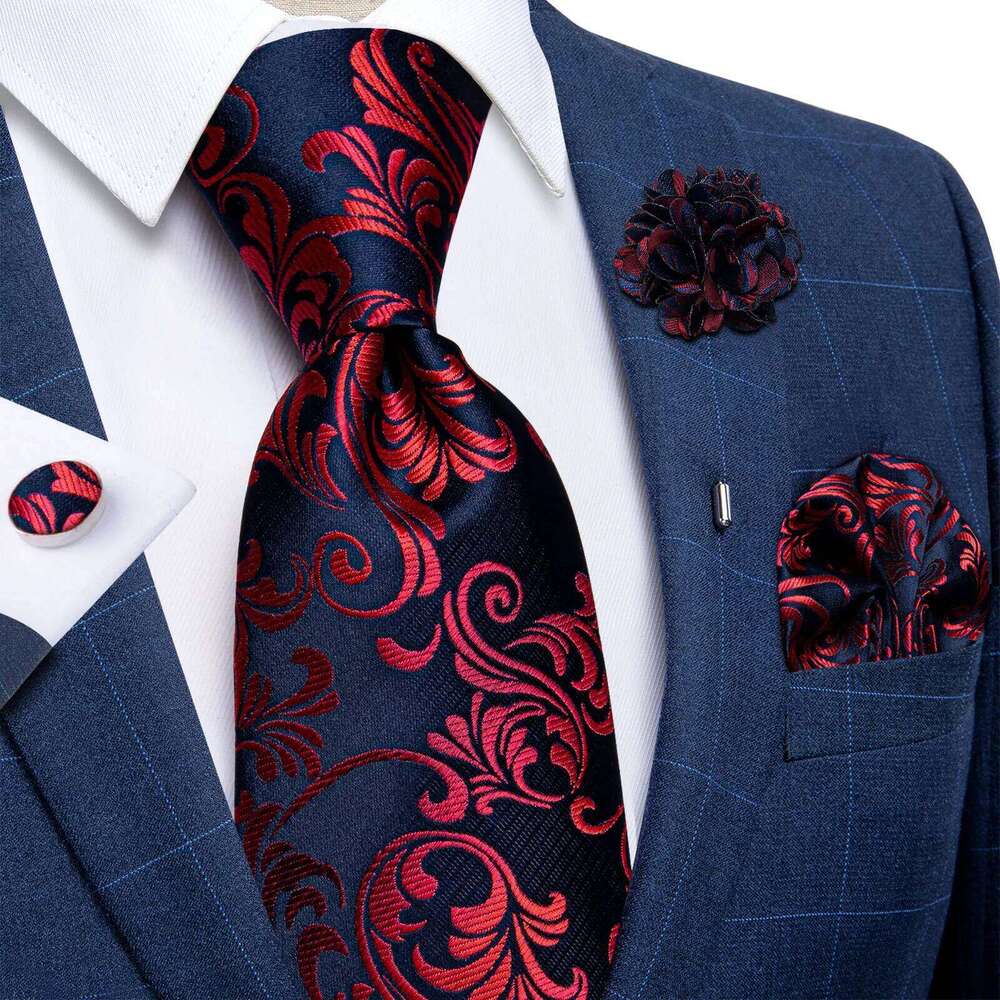 Luxury Red Floral Blue Silk Ties For Men 8cm Wide Necktie Set Pocket Square Cufflinks Brooch Pin Wedding Accessories Men's Gift 25H1222