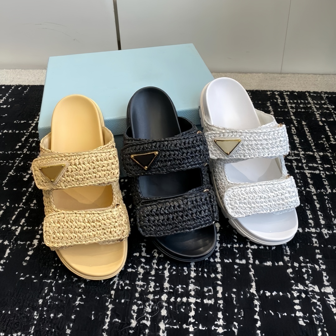 2026 Summer Sandals Women's Slippers Crochet Thick Sole Slippers Beach Sandals Thick Sole Beach Raffia High Quality Mules Outdoor Woven Straw Slip-Ons