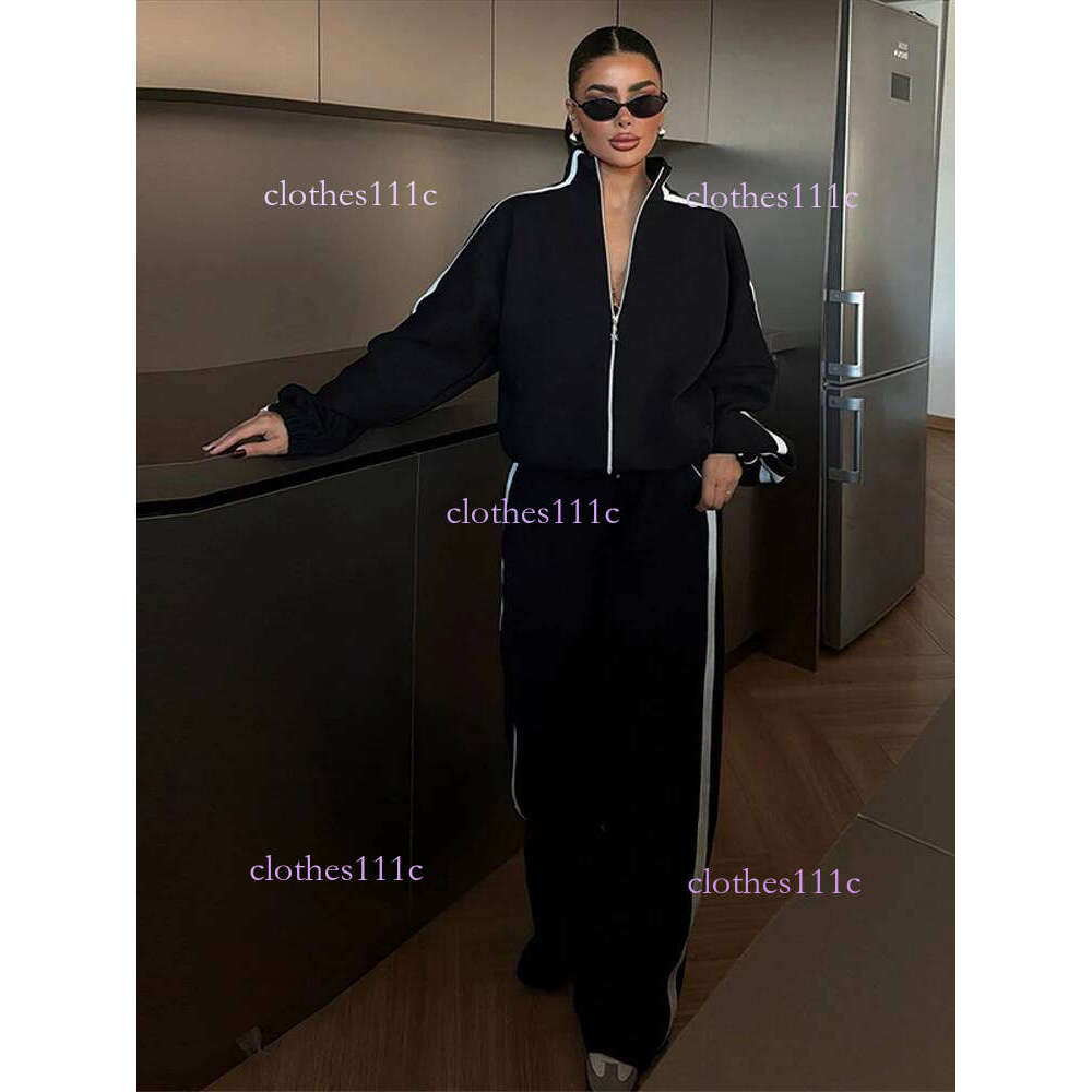 Stripe Contrasted Sweatshirt Pant Set Women Casual Stand Collar Full Sleeve Zippers Sport Coat Wide Leg Trousers 2 Piece Sets