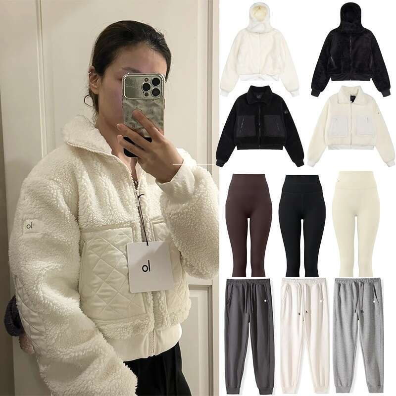 2025 Yoga Alonessities Sets Women Clothes Leggings Pant Jacket Sets Lamb Fleece Stand Up Thick Warm Coat High Waist Yoga Leggings Alonessities Jacket Women Pant Sets