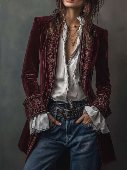 2025 Cross-Border European and American Women's Fashion Long Sleeve Solid Color Patchwork Lace Velvet Jacket