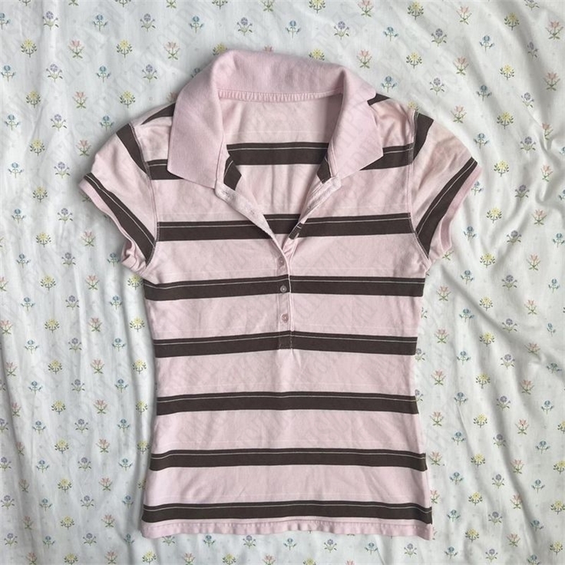 Stripes Maiden Chic Vintage Sweet Clothing Y2K Elegant Woman T-shirts Cute Slim Aesthetic Polo Tops Classic Harajuku Fashion Tee 251219