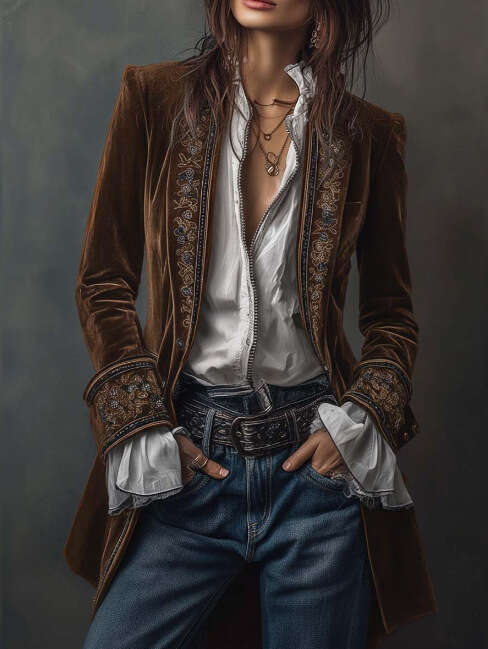 2025 Cross-Border European and American Women's Fashion Long Sleeve Solid Color Patchwork Lace Velvet Jacket