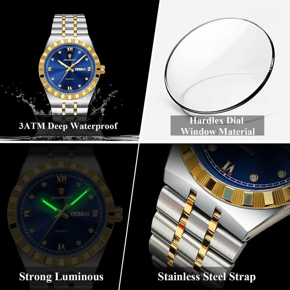 POEDAGAR Luxury Man Luminous Waterproof Week Date Men Wrist Stainl Steel Mens Quartz es M251222
