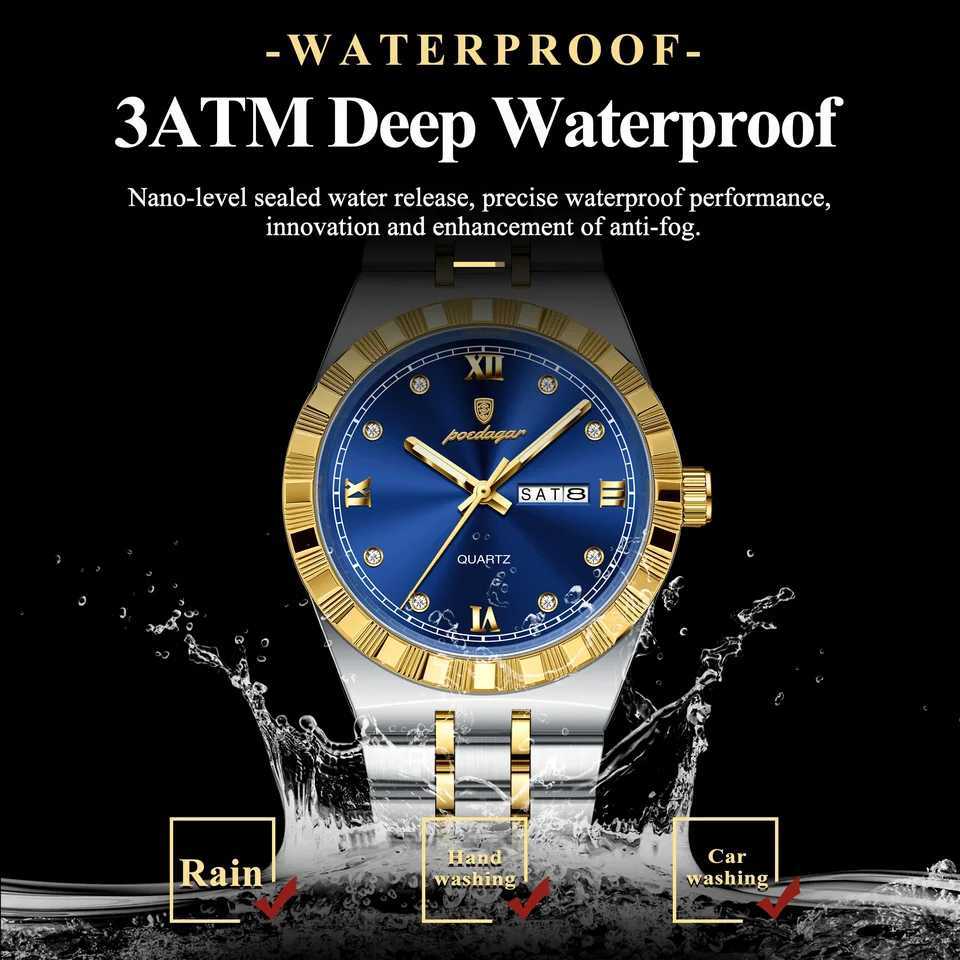 POEDAGAR Luxury Man Luminous Waterproof Week Date Men Wrist Stainl Steel Mens Quartz es M251222