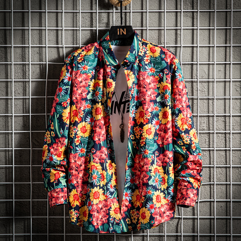 2023 Mens Long Sleeve Printed Shirt Spring Summer New Fashion Square Collar Shirt Youth Casual Floral Shirt Trendy
