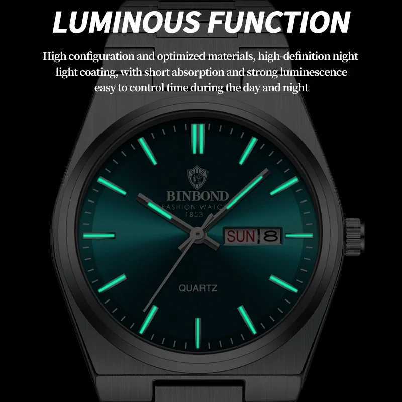 BINBOND Luxury Quartz Man Wrist Sport Men es Waterproof Luminous Date Week Stainl Steel Mens M Relojbox M251222