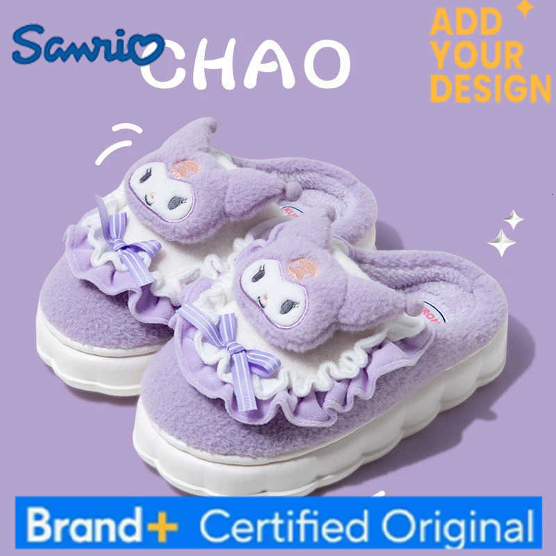 Sanrio Wholesale Kuromi Cotton Fuzzy Slippers WomenS Winter Velvet Warm Home Slippers Non-Slip Plush Shoes Girl Cute Flat Shoes H2512231