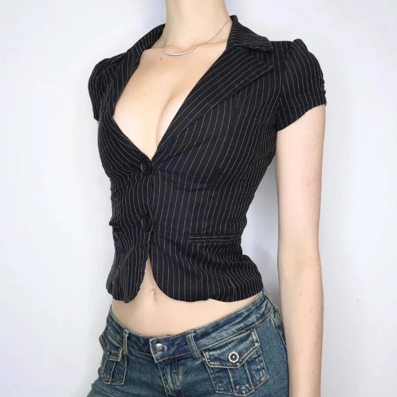 American Sexy V-neck All-match Striped Shirt Women Slim Waist Blouses Summer Short Sleeve Black Blusas De Mujer 251222