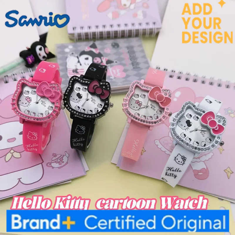 Sanrio 2025 New Hello Kitty Digital Quartz Watch Set Cat Head Cartoon Fashion Love Dial Leather Strap Children Clock Girl Birthday Gift H251223