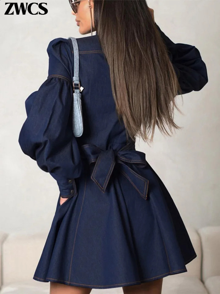 Vintage Denim Bow Belt Dres Elegant Stand Collar Long Lantern Sleeve Button Short Dresses 2025 Spring Lady Chic Robes 251223