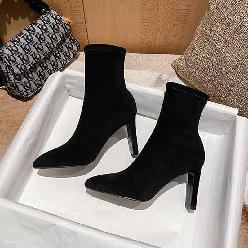 2024 Luxury Women Black Sock Boots Stiletto Thin High Heels Elastic knitting Boots Winter Stretch Fabric BootsT251223