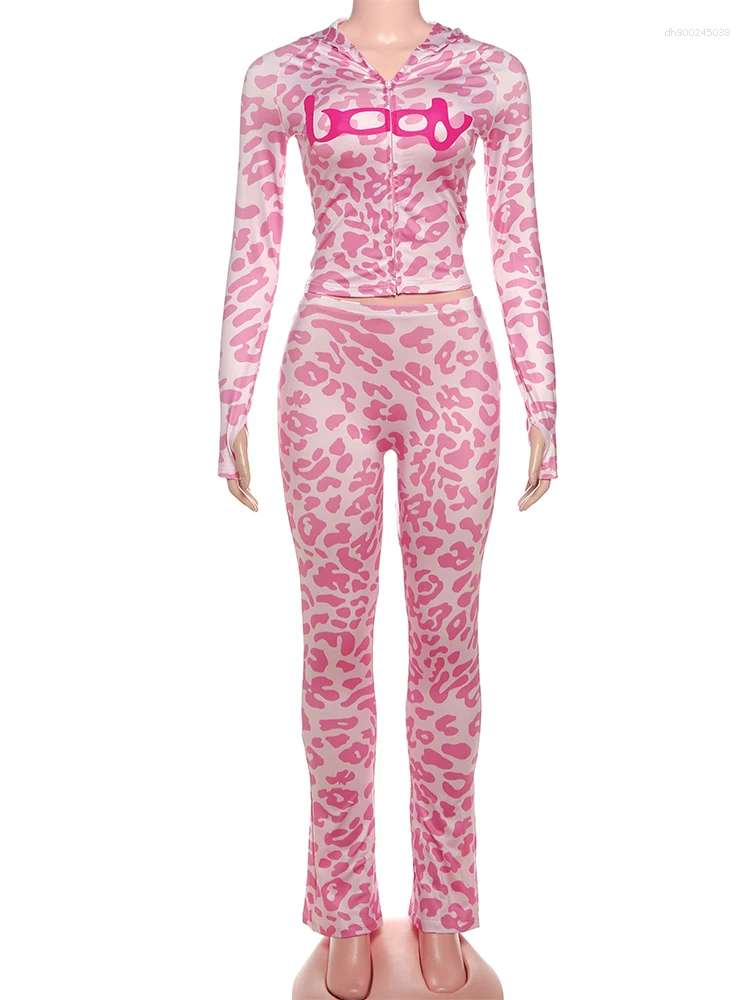 Casual Panelled Leopard Women Pants Sets Hipster Letter Printed Zip-up Tops+Skinny Elastic Trousers Female Street 2 Piece