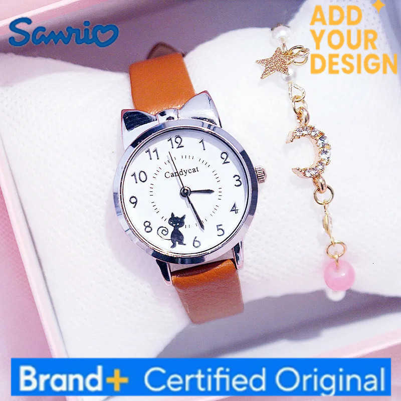 Sanrio Fashion Kids Leather Strap Quartz Watch Children Set Bracelet Watch Student for Girls Clock Kids Watch Cute Cat Gold Dial Watch H251223