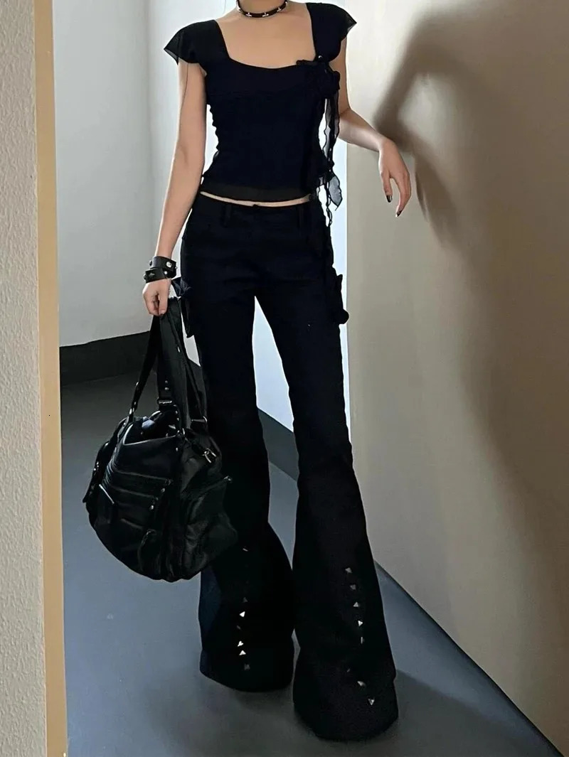 Harajuku High Waist Flared Jeans Black Kpop Retro Y2K Pants Womens Vintage Slim 2000s Skinny Denim Trouser Z260313