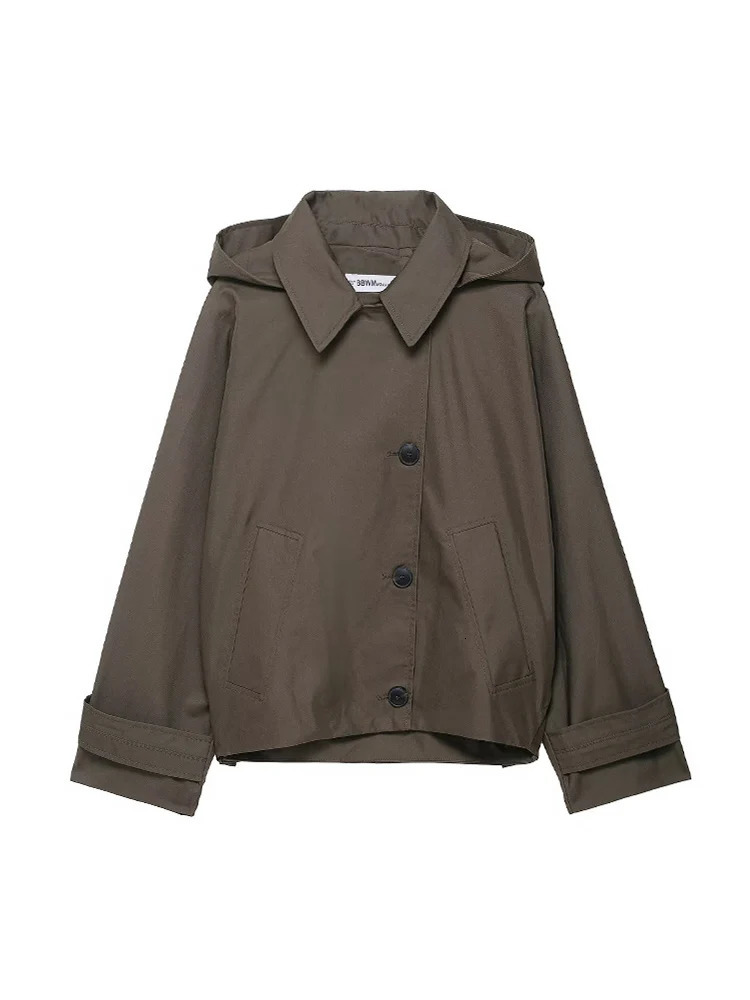 Womens Short Trench Coat Solid Hooded Loose Casual Overcoat Single Breasted Windbreaker Chic Lady Outfits 2025 Autumn 251212