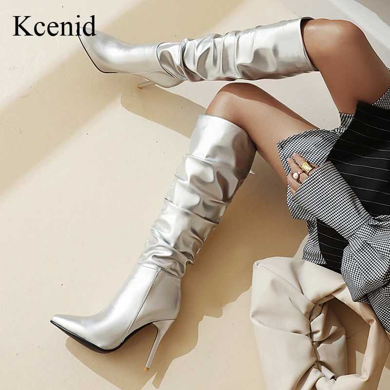 Kcenid Silver Gold Knee High Boots Women Pleated Pointed Toe Thin High Heels Dres Party Shoes Autumn Winter Long Boots WomanT251223
