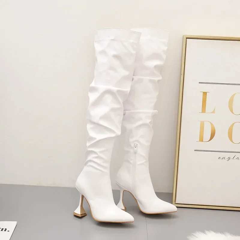 2024 New Stiletto Pointed Leather Boots Women Toe White Heeled Knee Boots Heel Side zipper Thigh Gigh BootiesT251223