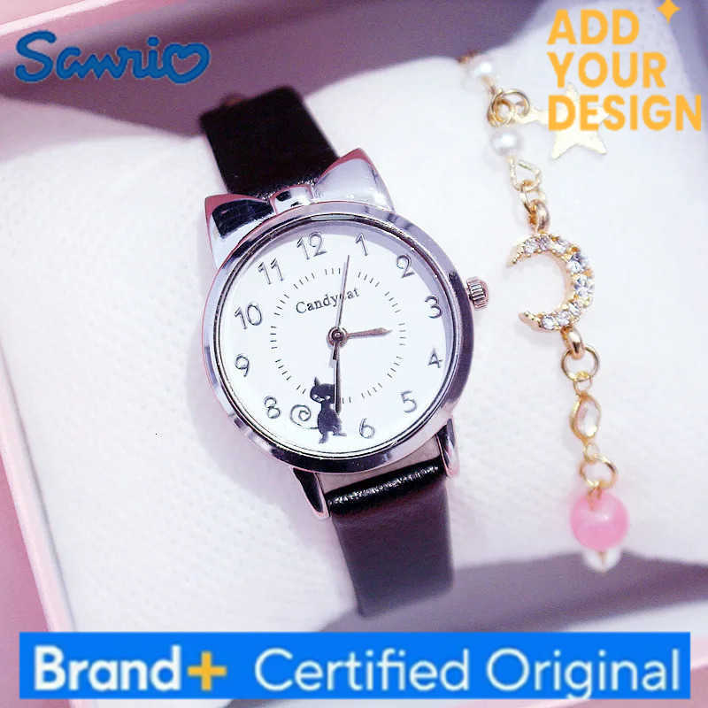 Sanrio Fashion Kids Leather Strap Quartz Watch Children Set Bracelet Watch Student for Girls Clock Kids Watch Cute Cat Gold Dial Watch H251223