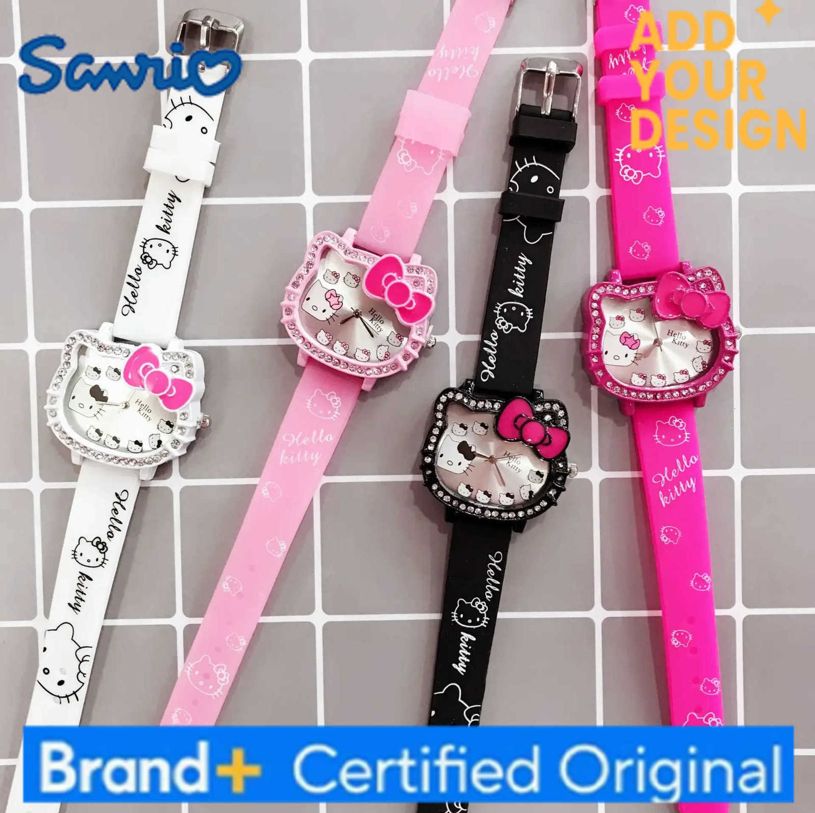 Sanrio 2025 New Hello Kitty Digital Quartz Watch Set Cat Head Cartoon Fashion Love Dial Leather Strap Children Clock Girl Birthday Gift H251223
