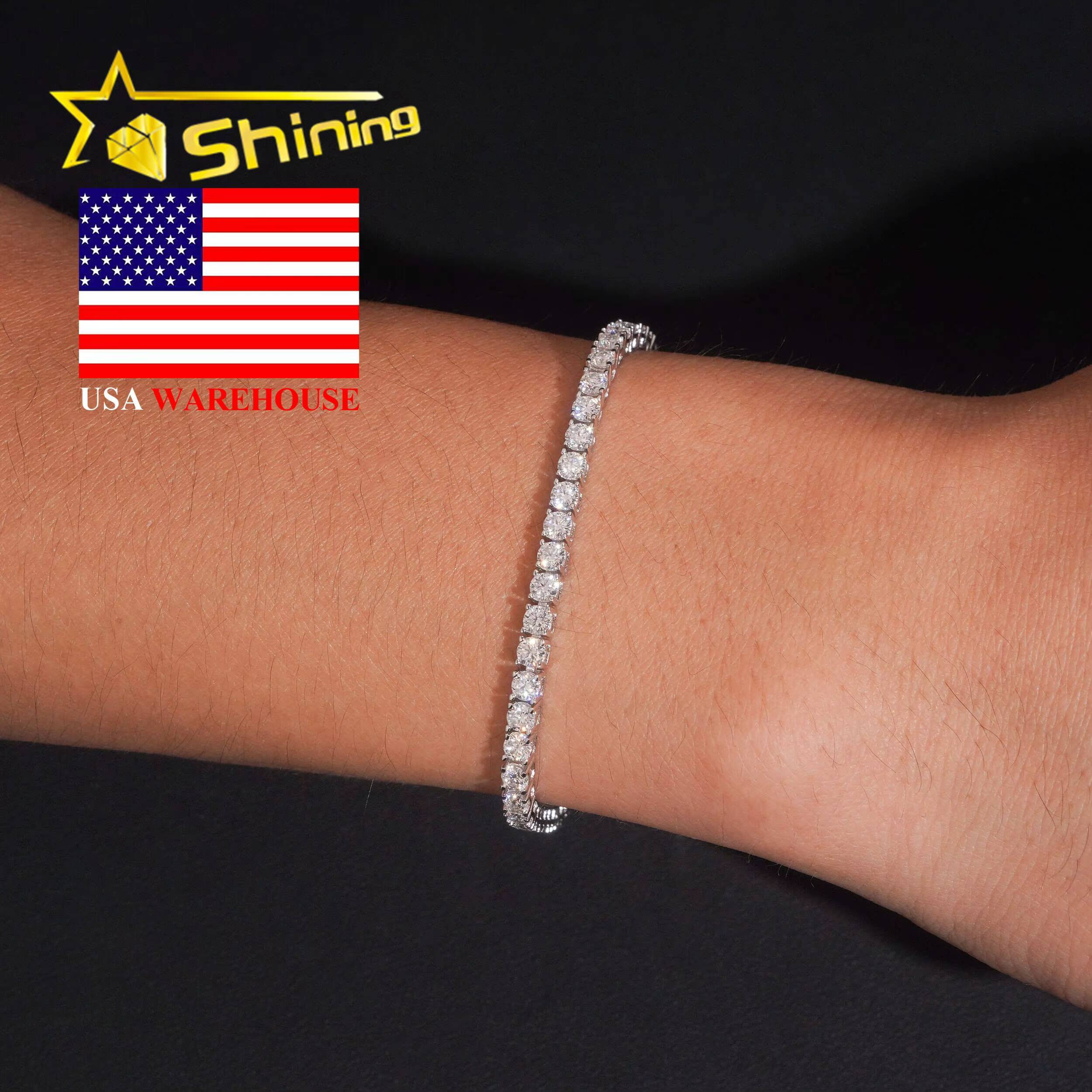 USA Warehouse Local Stock 3mm Tennis Bracelet 925 Solid Silver Hip Hop Iced Out GRA Moissanite Diamond Sparkling Tennis Bracelet