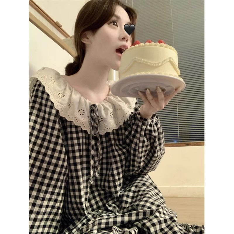 Plaid Pajamas Set Women Sweet Princess Cute Cotton Pyjamas Sexy Lace Full Sleeve Autumn 2Piece/Set Home Mom Sleepwear 210924