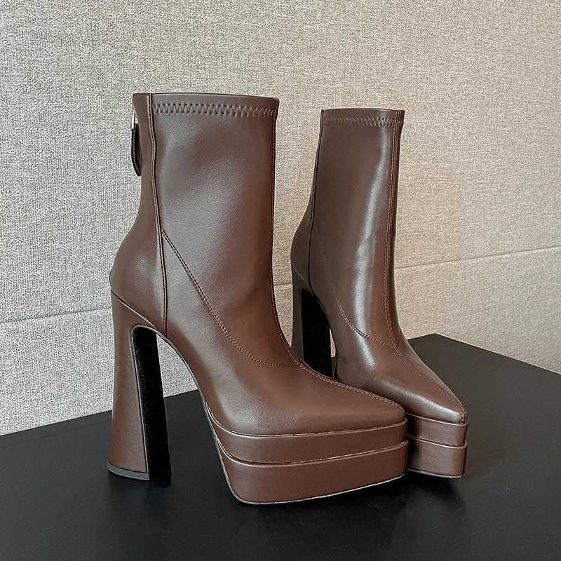 MKKHOU Fashion Short Boots Womens New High Quality Genuine Leather Boots Pointed Zipper Thick Bottom Ultra High Heels BootsT251223