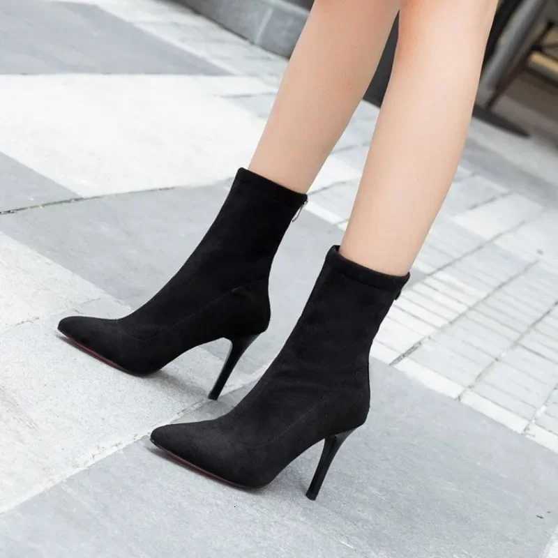 2024 Women Boots Short High Heels Shoes for Women Autumn Suede Imitation Leather Ankle Boots Black Sock Women Heels Boots FemaleT251223