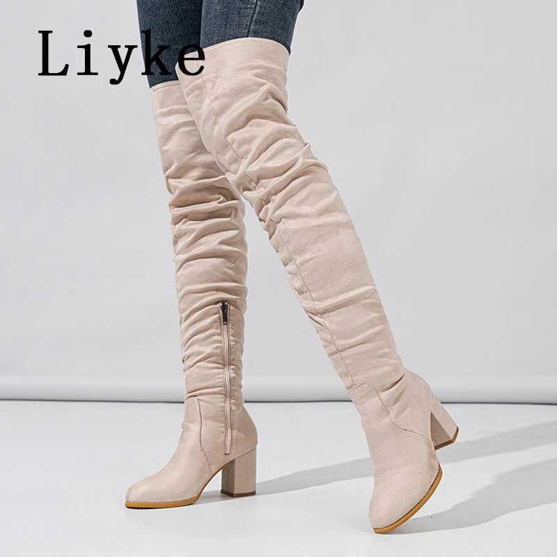 Liyke 2025 New Fashion Round Toe Zip Thigh High Boots Women Autumn Winter Chunky Heels Motorcycle Over The Knee Shoe Botas MujerT251223