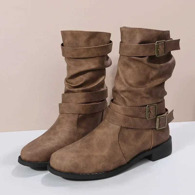 Large Mid Length Retro Boots for Women 2024 Autumn and Winter New Item Solid Color Fashion Boots Buckle Casual Knight BootsT251223