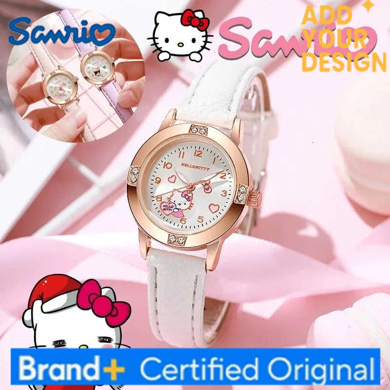 Sanrio Hello Kitty Anime Kuromi My Melody Cinnamoroll Wristwatch Luxury Rhinestone Quartz Watch for Women Leather Strap Gifts H251223