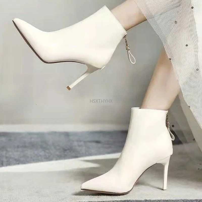 2023 New Women Boots Fashion Thin High Heel Ankle Boots Sexy Pointed Toe Zipper Boots Autumn Winter Ladies Shoes White BootsT251223