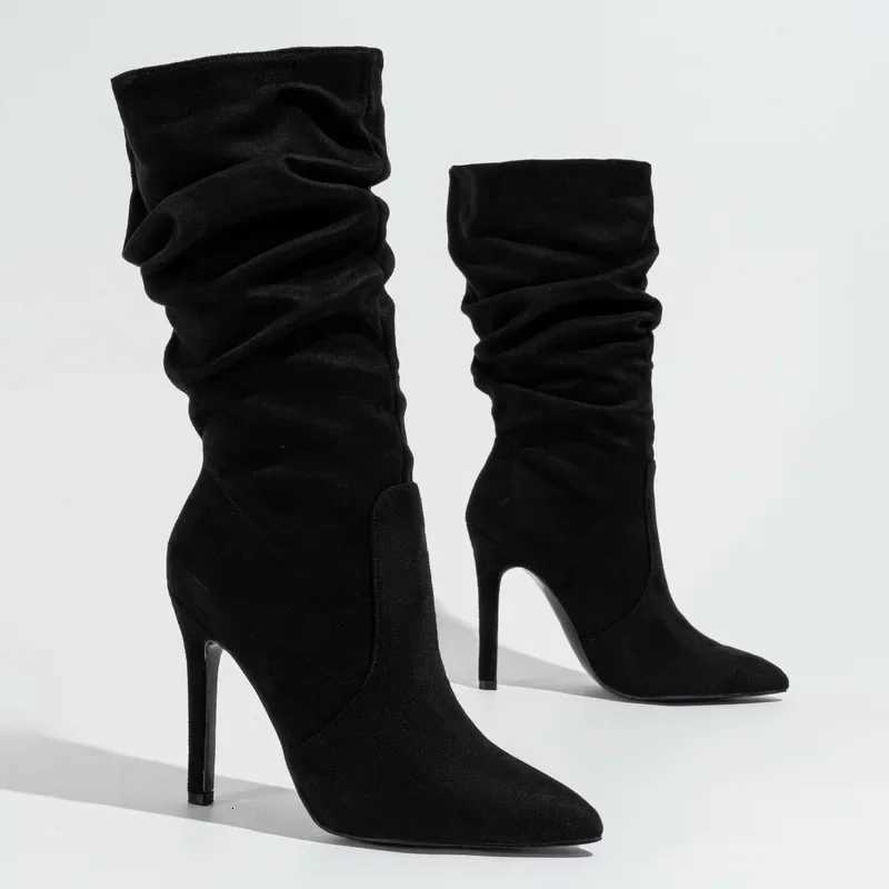 Women Pleated High Thin Heel Mid-calf Boots OL Outdoor Nightclub Evening Party Wedding Banquet Soical Gathering Botas De MujerT251223