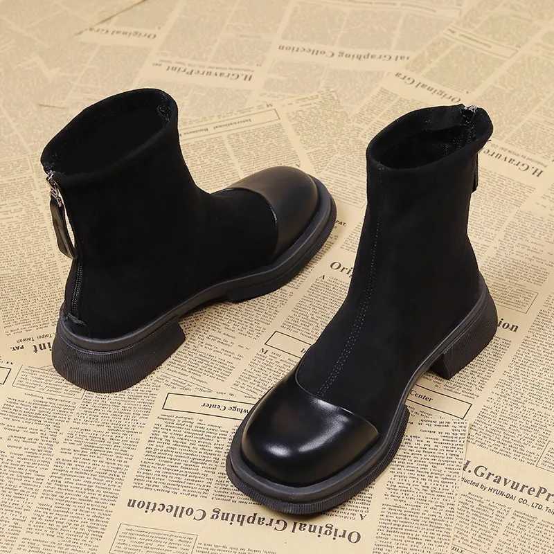 Autumn Winter Women Ankle Boots Fashion Patchwork Leather Thick Bottom Shallow Short Boots Low Heels Flock Ladies Platform ShoesT251223