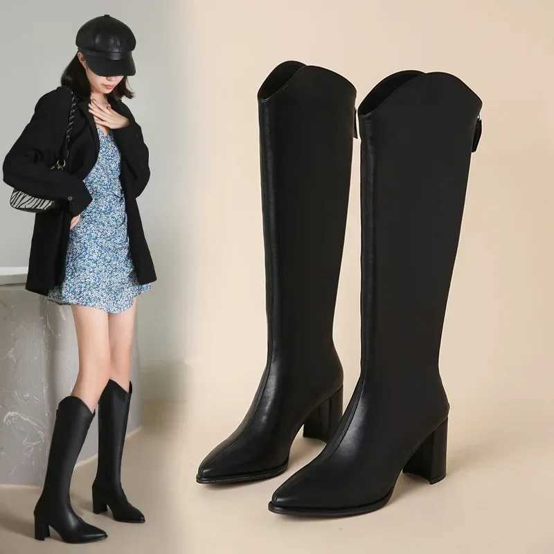 Soft Pu Leather Knee-High Boots Women 2024 Winter Short Plush Thick Heels Long Boots Woman Black Back Zipper KnightT251223