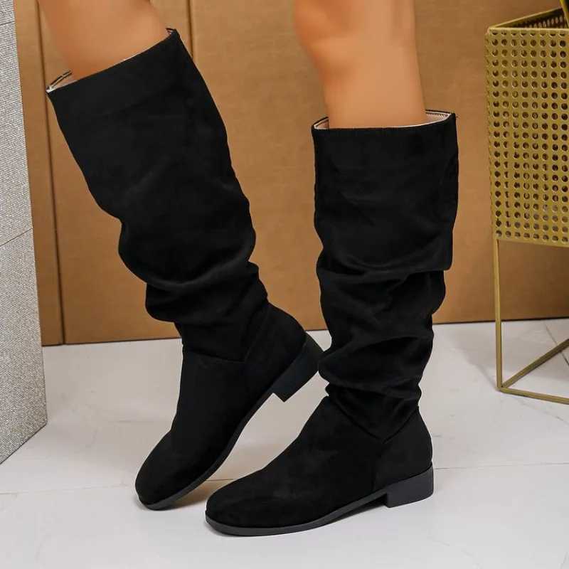 Womens Mid-heel Single Boots Spring New Round Head Suede Sleeve Fold Soft Sole Non-slip High BootsT251223