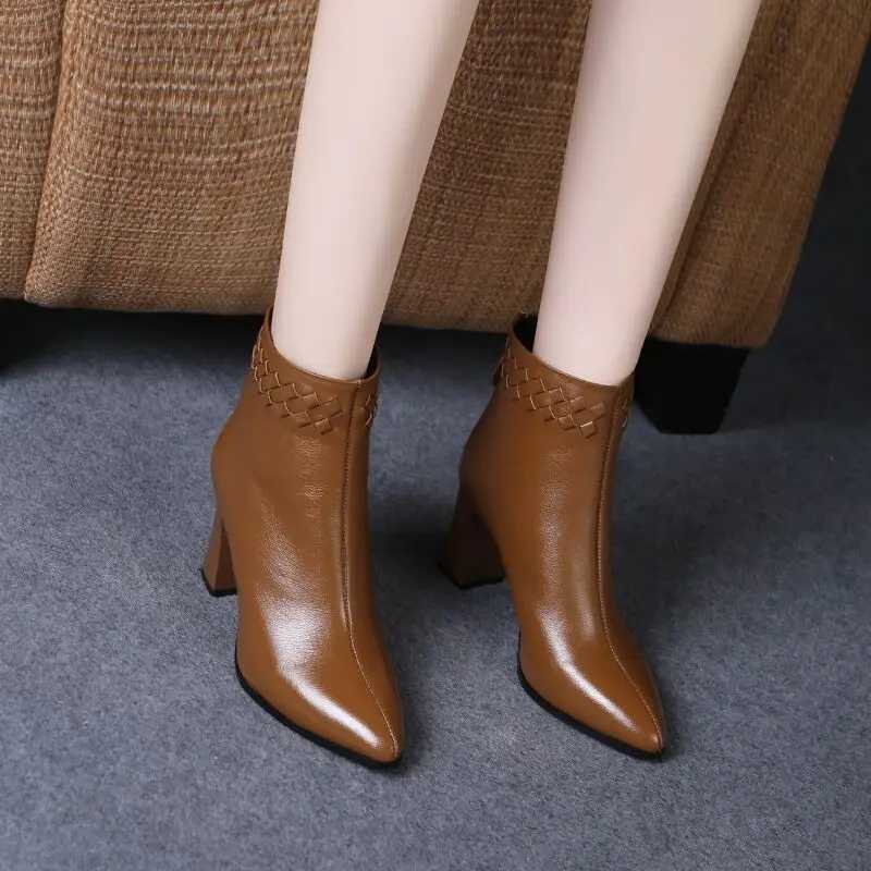Vintage Pointed Toe High Heels Ankle Boots for Women Brown Pu Leather Zipper Short Boots Woman Autumn Thick Heel BootiesT251223