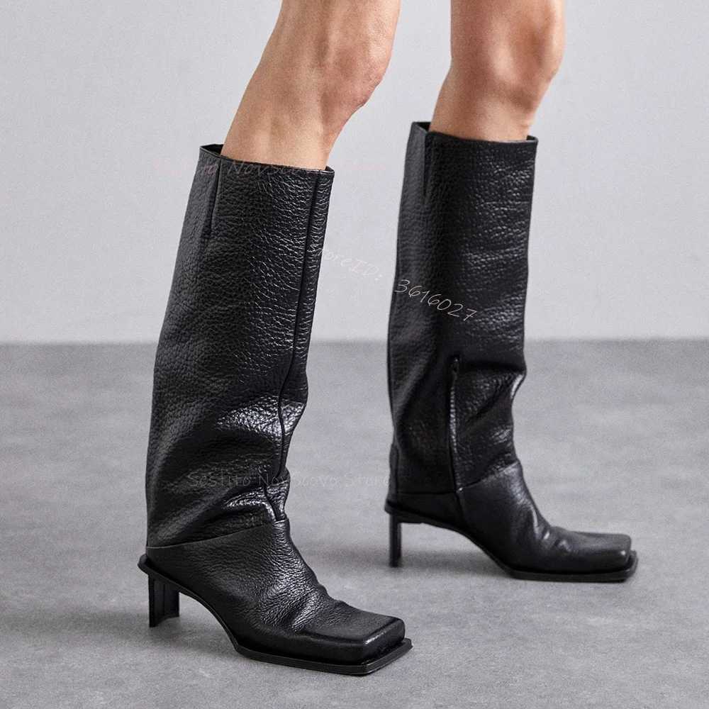 Square Toe Punk Knee High Boots Thin Block Heels Black Leather Size Zip Fashion Sexy Ladies Daily Casual Autumn BootiesT251223