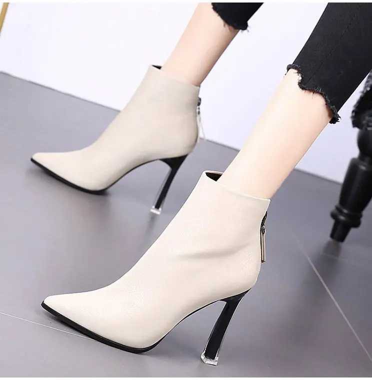 2023 New Women Boots Fashion Thin High Heel Ankle Boots Sexy Pointed Toe Zipper Boots Autumn Winter Ladies Shoes White BootsT251223