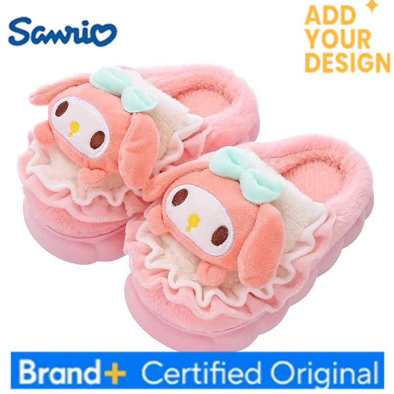 Sanrio Kawaii Hello Kitty Kuromi My Melody Cinnamoroll Women Cotton Slippers Winter Home Round Toe Casual Flat Warm Slippers H251223