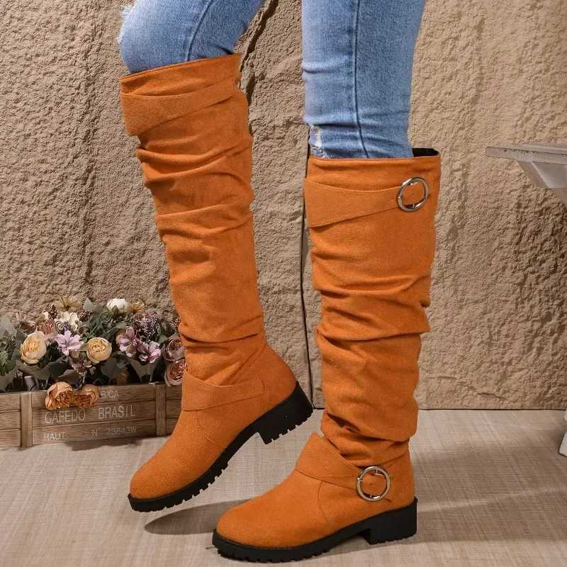 2024 Hot Sale Ladies Shoes Slip-on Womens Boots Fashion Belt Buckle Modern Boots Women New Plus Size Solid Knee-High BootsT251223