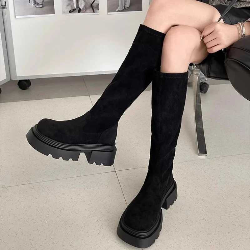 Winter Platform Punk Style Woman Knee High Boot Concise Slip On Elastic Slim Shoes Ladies Thick Bottom Knight Long BootiesT251223