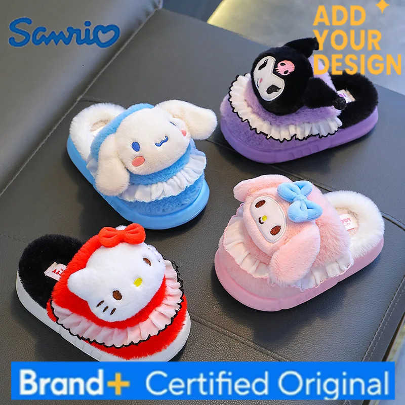 Sanrio Anime My Melody Autumn/winter Hello Kitty Cotton Slippers Cinnamoroll Cartoon Flat Plush Slippers Kuromi Warm Slippers Gift H25122311