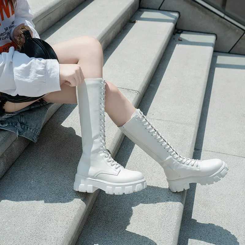 Aphixta 2025 Winter Shoes Womens Long High Boots White PU Leather Knee High Boots Female Fashion Lace Up Platform Botas MujerT251223