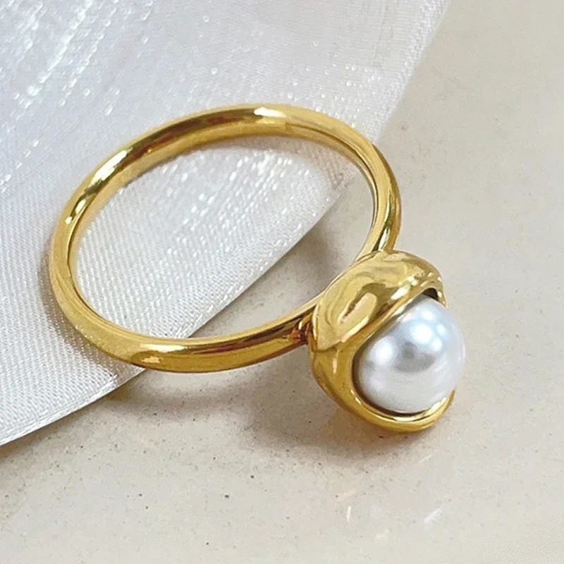 Natural Freshwater Pearl Rings For Women Stainless Steel Tarnish Free Gold Color Baroque Pearl Ring 251211