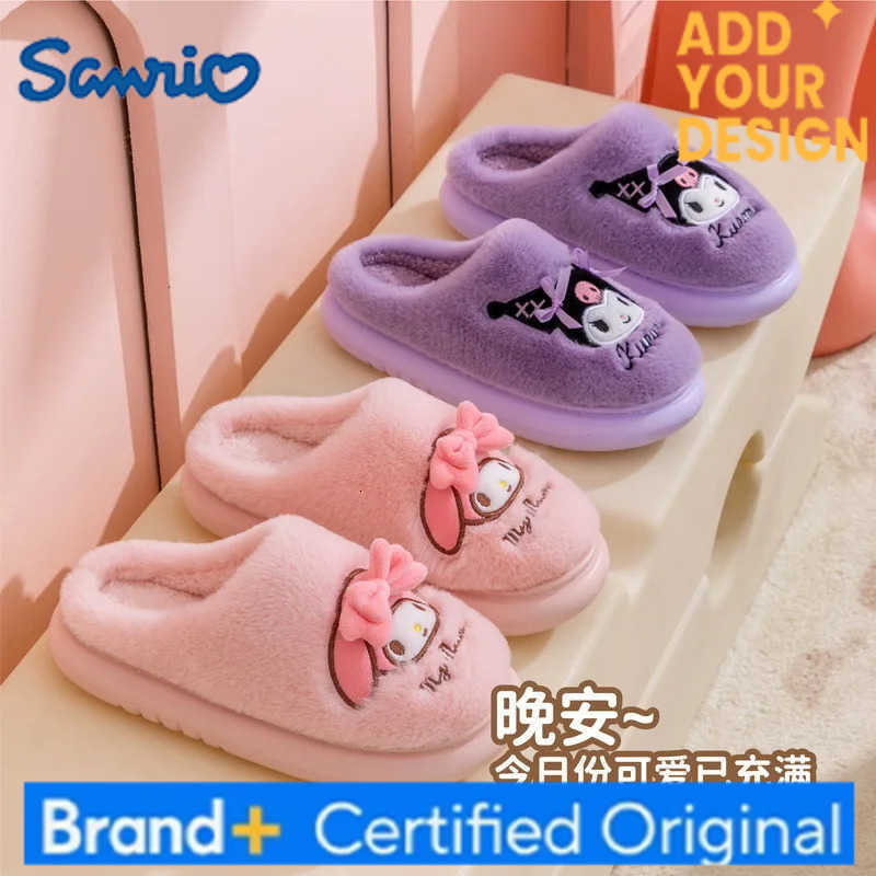 Sanrio 2025 Cute Hello Kitty Plush Warm Womens Slippers Anime Kuromi Female Home Interior Cotton Slippers Cartoon Girls Shoes H251223