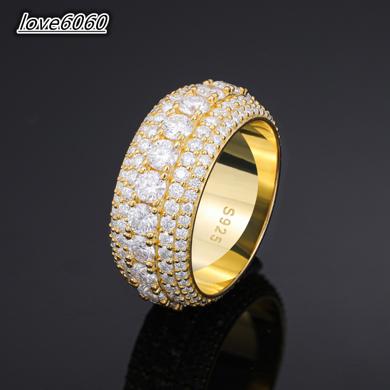 USA Warehouse Fashion Jewelry 5 Rows VVS Moissanite Diamond Bling Band Ring Gold Plate 925 Sterling Silver Wedding Ring for Men