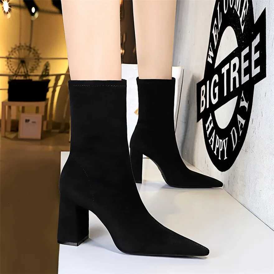 Plus Size 43 Thick Heel Ladies Work Boots Black Flock Sexy Slim Slip-On Ankle Boots Autumn Women Pointed High Heels Party ShoesT251223