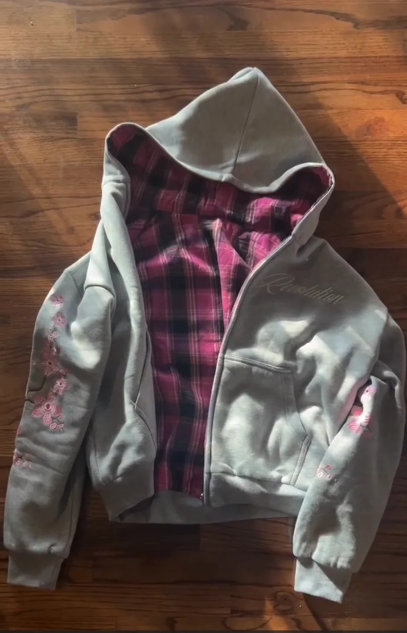 Y2K Vintage Cherry Blossom Embroidery Zipper Hoodie Harajuku Loose Reversible Simple Grid Jacket Men Women Pink Coat Streetwear 251217