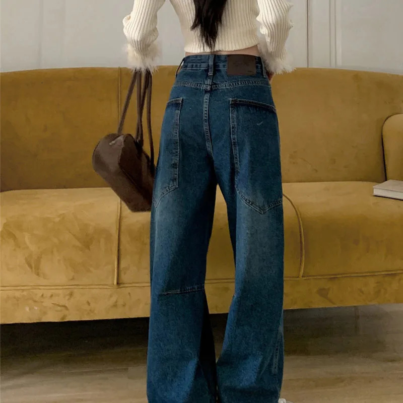 Trend Womens Y2K Jeans Contour Line High Waist Denim Pants Navy Wide Leg Vintage Drag Trousers 2599 Z260313